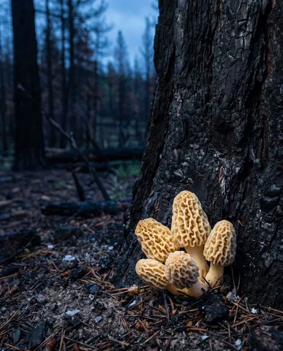 Yellow Morel Mushrooms by Charred Tree