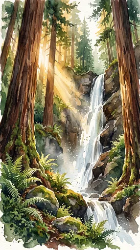 Watercolor Redwood Forest Waterfall Illustration