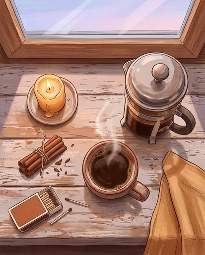 Cozy Morning Coffee Illustration on Windowsill