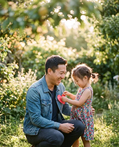 Daughter Pinning Paper Heart on Father's Jacket