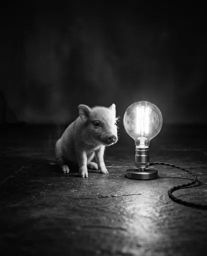 Monochrome Piglet Beside Glowing Vintage Lightbulb