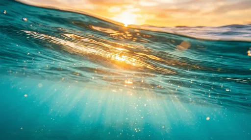 Turquoise Ocean Wave at Golden Sunset