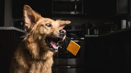 Dog Catching Flying Cheese in Dark Kitchen