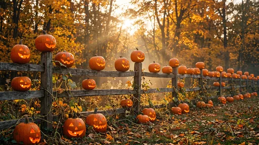 Glowing Jack-o'-Lanterns on Autumn Wooden Fence