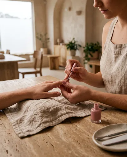Manicurist Applying Pink Polish in Minimalist Salon