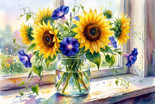 Watercolor Sunflowers and Morning Glories in Jar