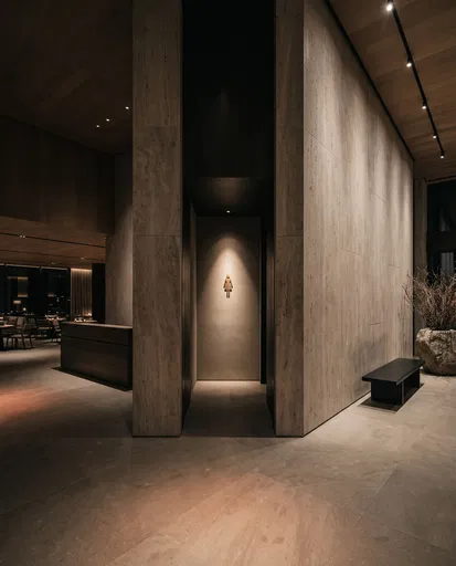 Minimalist Restaurant Foyer With Restroom Sign