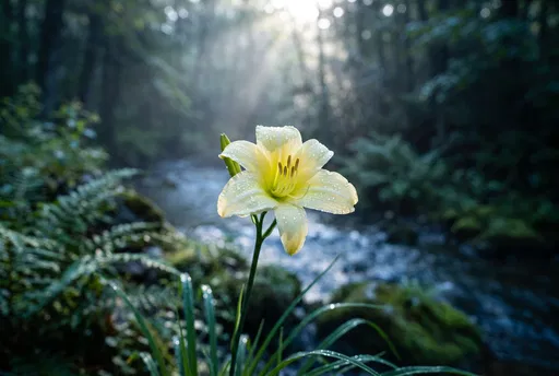 Dewy Yellow Daylily by Woodland Stream