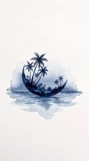 Indigo Watercolor Crescent Tropical Island Illustration