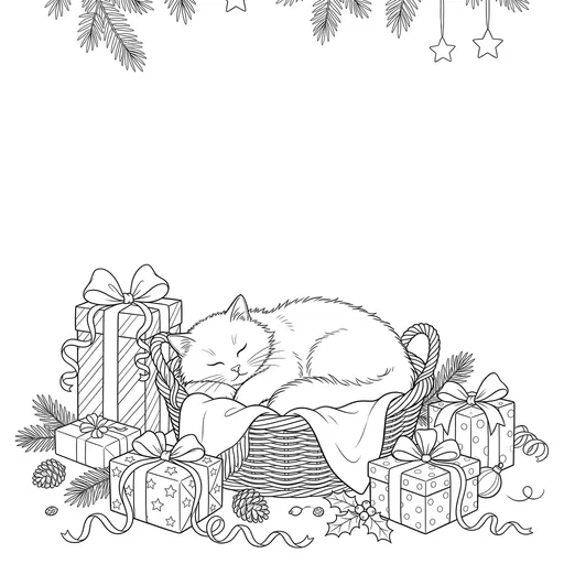 Sleeping Christmas Cat Coloring Page