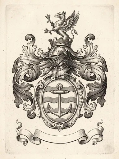 Heraldic Engraving With Griffin and Anchor