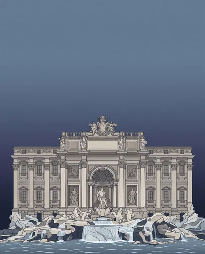 Minimalist Trevi Fountain Illustration at Dusk
