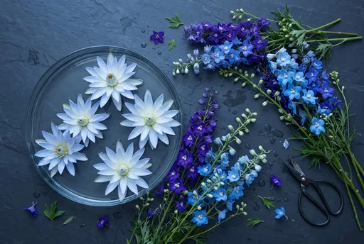 Blue Larkspur and Floating Water Lilies