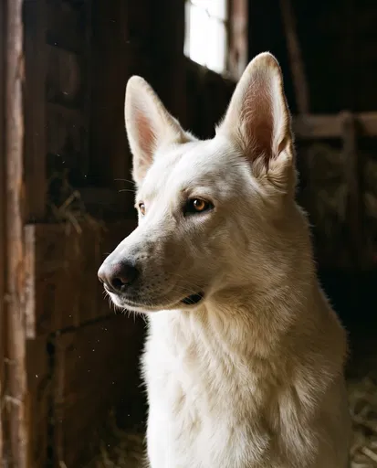 White Shepherd Dog Portrait in Barn