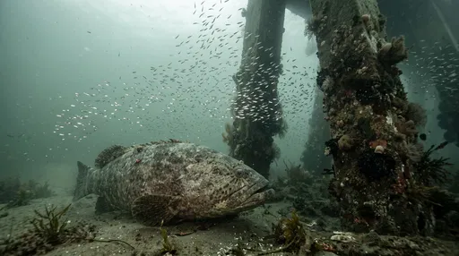 Goliath Grouper Resting Near Underwater Pilings