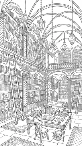 Grand Whimsical Library Line Art