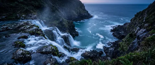 Coastal Waterfall Flowing Into Ocean Cove