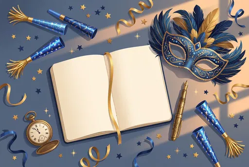 New Year Journal and Masquerade Flat Lay