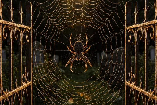 Backlit Spider on Web Between Cemetery Gates