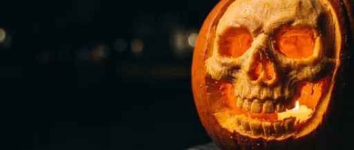 Glowing Skull Carved Pumpkin at Night