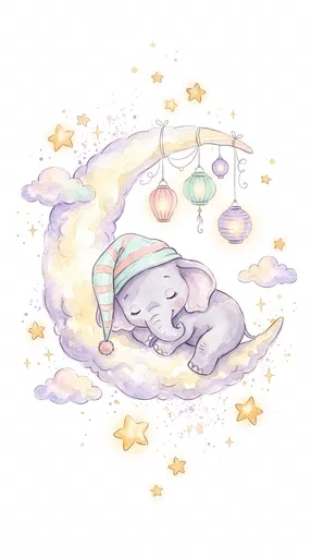 Baby Elephant Sleeping on Fluffy Crescent Moon