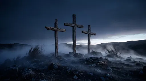 Three Wooden Crosses on Misty Hilltop
