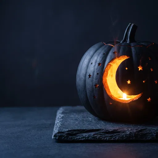 Matte Black Carved Pumpkin With Glowing Moon