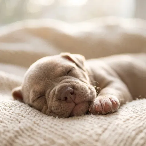 Sleeping Champagne Puppy on Cream Blanket