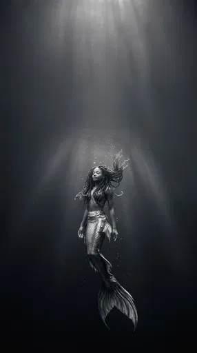 Monochrome Black Mermaid Suspended Underwater