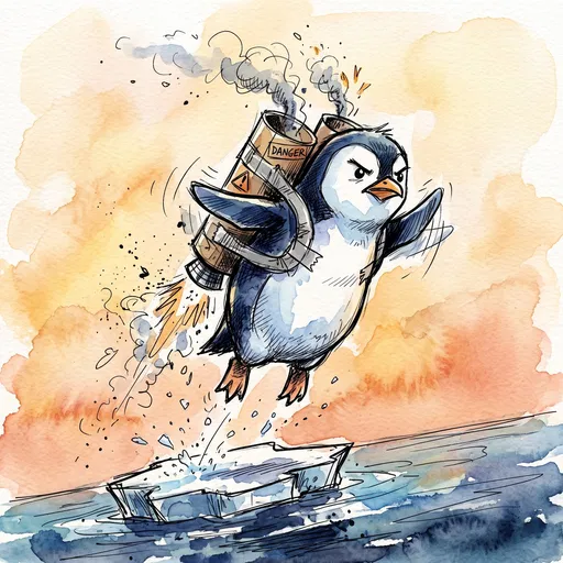 Determined Penguin Launching With Cardboard Jetpack