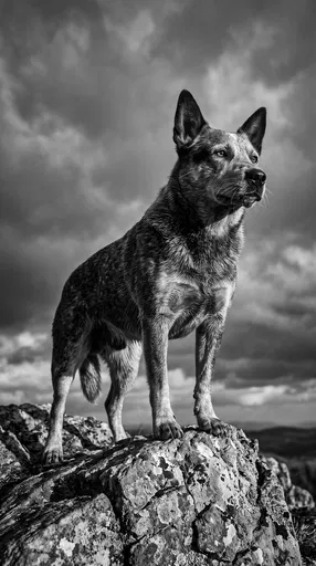Monochrome Cattle Dog on Rocky Crag