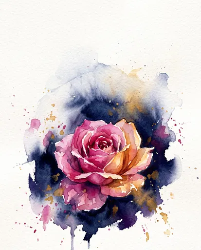 Watercolor Pink Rose on Indigo Wash
