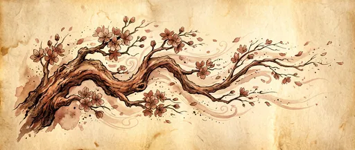 Sepia Watercolor Cherry Blossom Branch Illustration