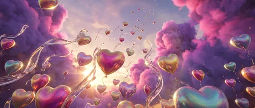 Iridescent Heart Balloons in Pink Clouds