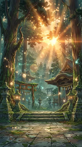 Mystical Anime Forest Shrine at Sunset