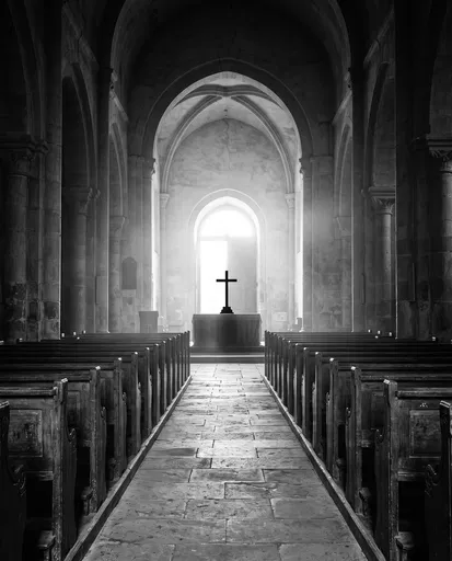 Monochrome Church Aisle With Backlit Cross
