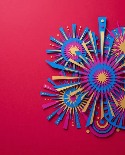 Paper Cut Geometric Fireworks on Red