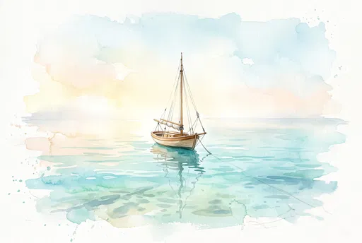 Watercolor Wooden Sloop on Calm Turquoise Water