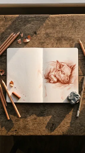 Sanguine Piglet Sketch in Open Notebook