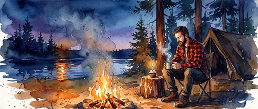 Watercolor Man Camping With Birthday Cupcake