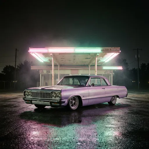 Lavender Vintage Coupe Under Neon Canopy