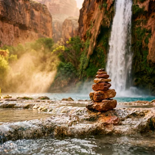 Stacked Rock Cairn by Canyon Waterfall