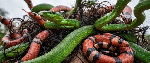Green and Red Snakes in Hair