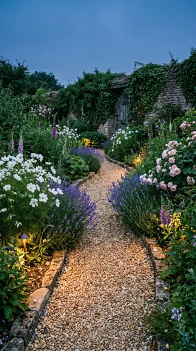 Twilight English Cottage Garden Gravel Pathway