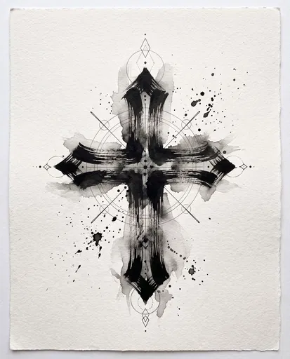 Monochrome Watercolor and Geometric Cross Illustration
