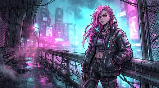 Cyberpunk Girl on Rainy Neon Overpass