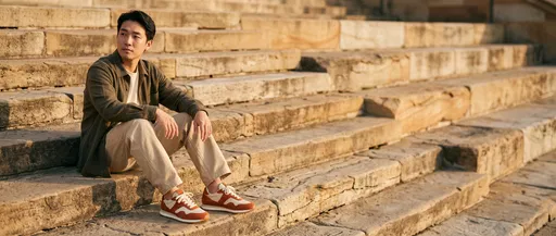 Man Sitting on Sandstone Steps at Sunset