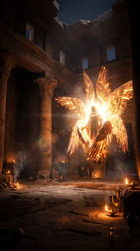 Fiery Seraphim Hovering in Ancient Temple