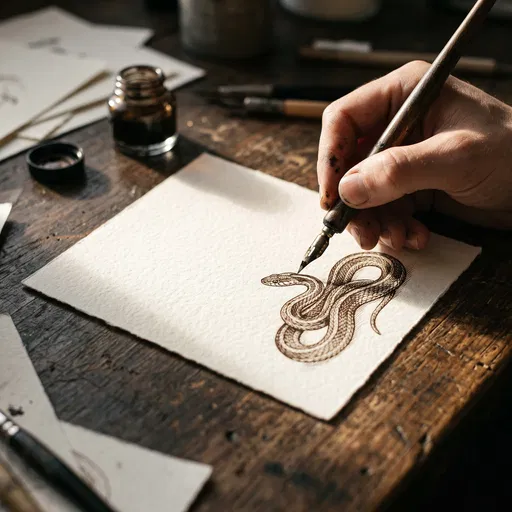 Artist Drawing Sepia Snake With Dip Pen