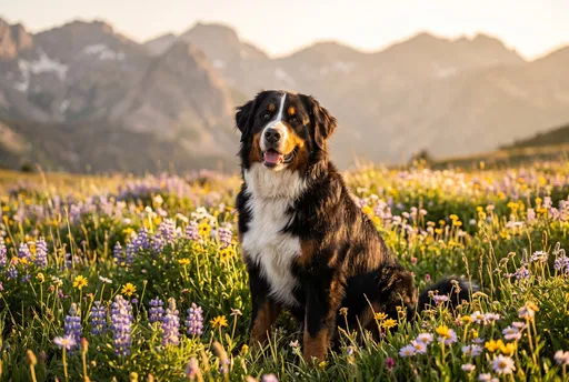 Bernese Mountain Dog in Alpine Meadow